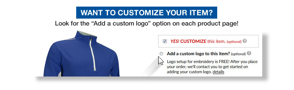 Golf Locker Custom - Look for the Custom Logo option on each item page to start your the Custom Logo process.