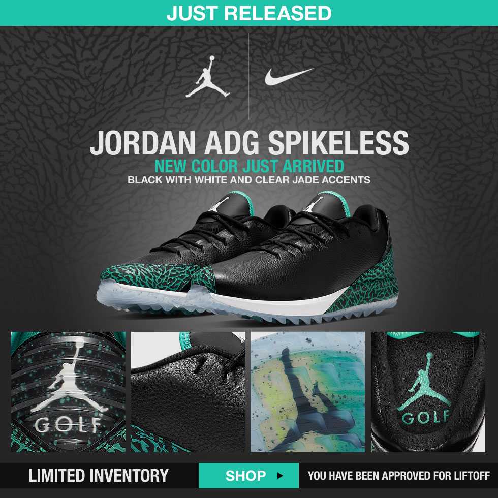 New Nike Jordan ADG Spikeless Golf Shoes in Black with Jade at Golf Locker