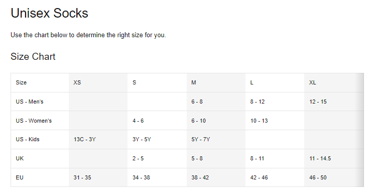 Nike Unisex Socks Size Chart