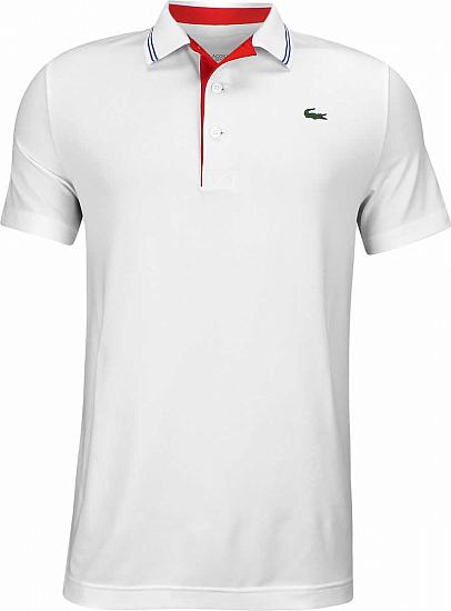 Lacoste Solid Jersey Contrast Piping Golf Shirts - White/Pomegranate - HOLIDAY SPECIAL